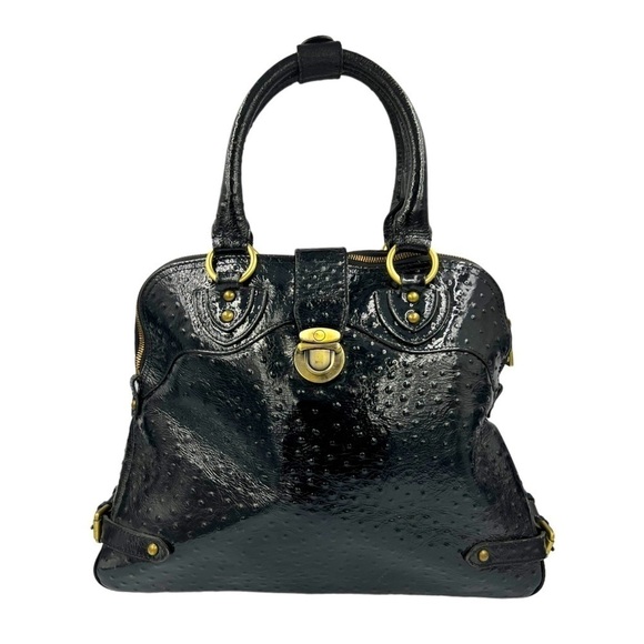 LILY VASAELINI Ostrich Skin Leather Satchel Black - Picture 3 of 13